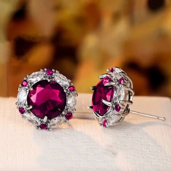 18k White Gold Ruby Red Diamond Earrings Round Earrings - Picture 4 of 4